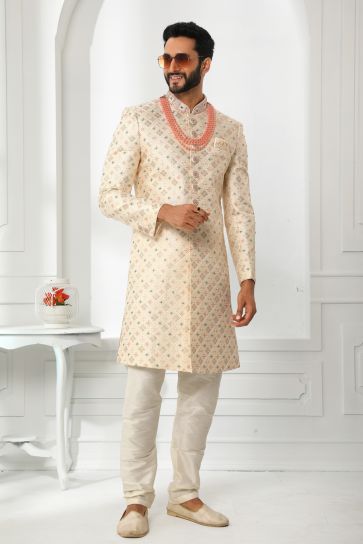 Beige Color Silk Fabric Heavy Embroidered Wedding Wear Designer Readymade Sherwani For Men