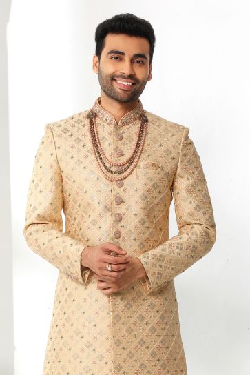 Heavy Embroidered Beige Color Wedding Wear Silk Fabric Designer Readymade Sherwani For Men