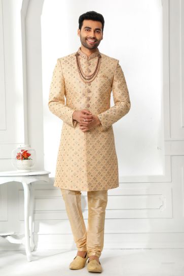 Heavy Embroidered Beige Color Wedding Wear Silk Fabric Designer Readymade Sherwani For Men