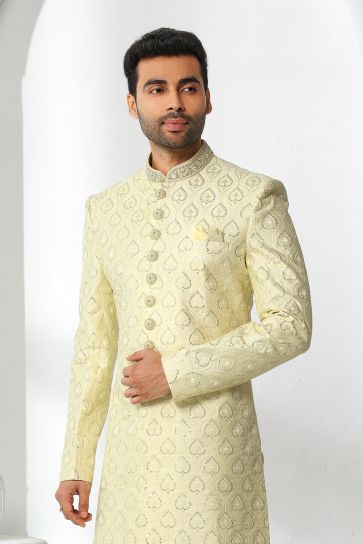 Yellow Color Wedding Wear Silk Fabric Designer Heavy Embroidered Readymade Sherwani For Men