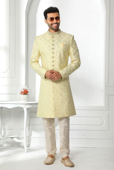 Yellow Color Wedding Wear Silk Fabric Designer Heavy Embroidered Readymade Sherwani For Men