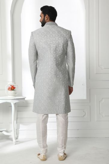 Wedding Wear Silk Fabric Designer Heavy Embroidered Readymade Sherwani For Men In Grey Color