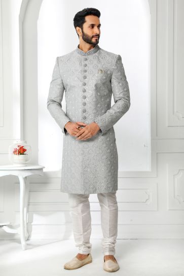 Wedding Wear Silk Fabric Designer Heavy Embroidered Readymade Sherwani For Men In Grey Color