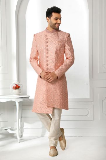 Silk Fabric Designer Heavy Embroidered Wedding Wear Readymade Sherwani For Men In Pink Color