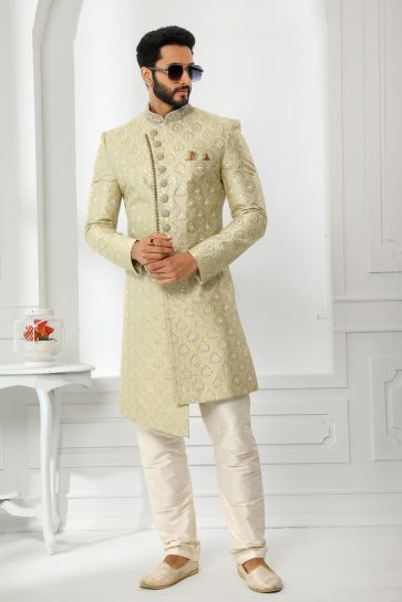 Cream Color Silk Fabric Wedding Wear Readymade Sherwani For Men