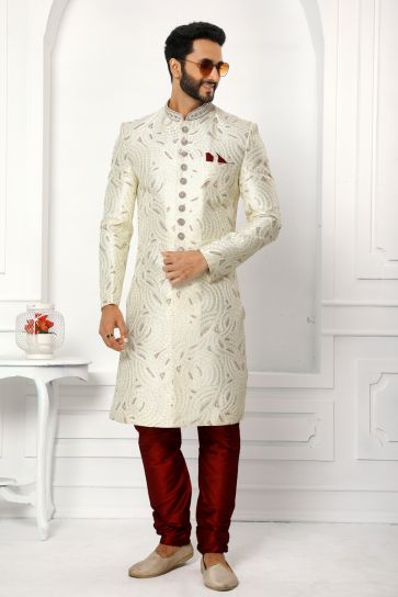Silk Fabric White Color Wedding Wear Readymade Men Stylish Sherwani