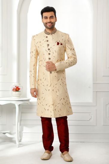 Beige Silk Fabric Wedding Wear Trendy Readymade Sherwani For Men