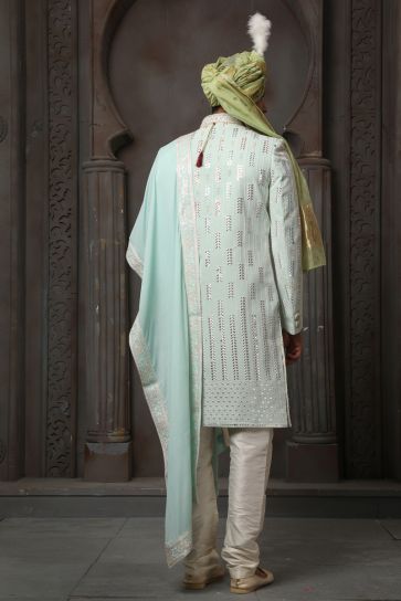 Pretty Georgette Fabric Wedding Wear Readymade Men Groom Sherwani In Light Cyan Color