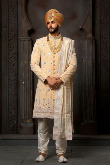 Beautiful Yellow Color Wedding Wear Readymade Groom Sherwani For Men In Georgette Fabric