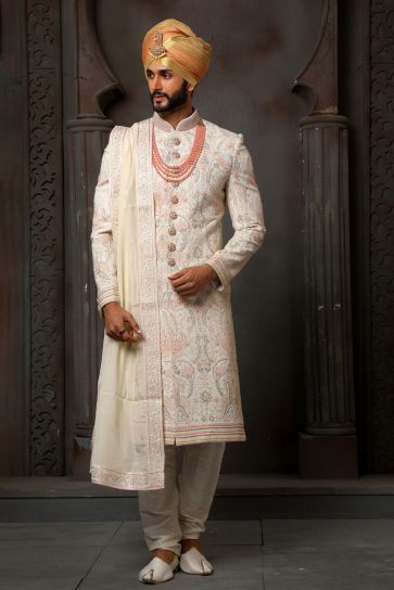 Cream Wedding Wear Readymade Glamorous Groom Sherwani For Men In Georgette Fabric