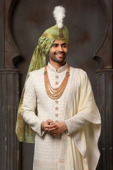 Cream Georgette Fabric Graceful Readymade Men Groom Sherwani For Wedding Wear