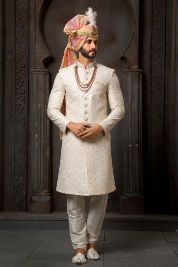 Cream Silk Fabric Magnificent Readymade Men Groom Sherwani For Wedding Wear