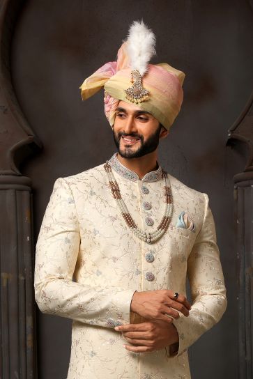 Silk Cream Artistic Magnificent Readymade Men Groom Sherwani For Wedding Wear