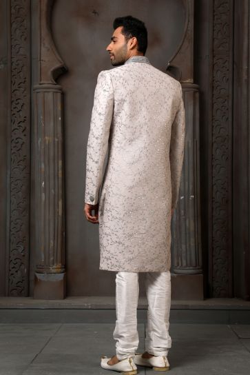 Grey Color Silk Fabric Heavy Embroidered Wedding Wear Designer Readymade Groom Sherwani For Men