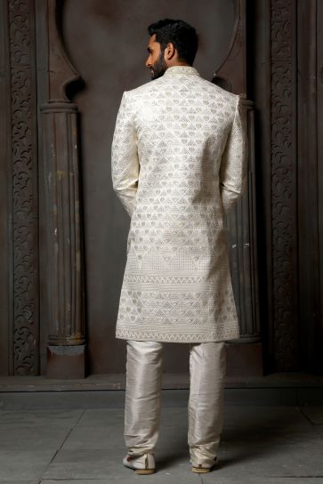 Silk Fabric Heavy Embroidered Off White Color Wedding Wear Designer Readymade Groom Sherwani For Men