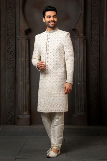 Heavy Embroidered Off White Color Wedding Wear Georgette Fabric Designer Readymade Groom Sherwani For Men