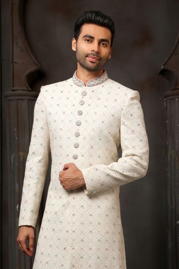 Off White Color Wedding Wear Georgette Fabric Designer Heavy Embroidered Readymade Groom Sherwani For Men