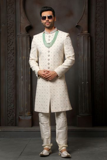 Off White Color Wedding Wear Georgette Fabric Designer Heavy Embroidered Readymade Groom Sherwani For Men