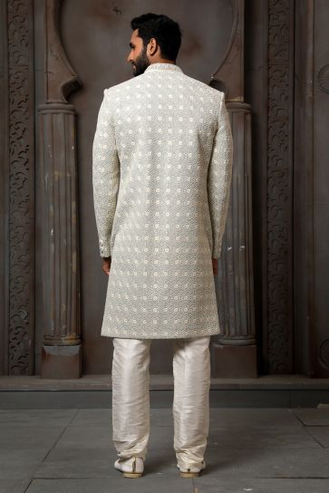 Wedding Wear Silk Fabric Designer Heavy Embroidered Readymade Groom Sherwani For Men In Grey Color
