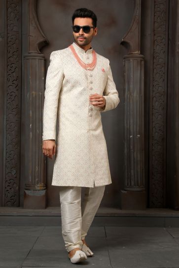 Designer Heavy Embroidered Silk Fabric Wedding Wear Readymade Groom Sherwani For Men In Beige Color