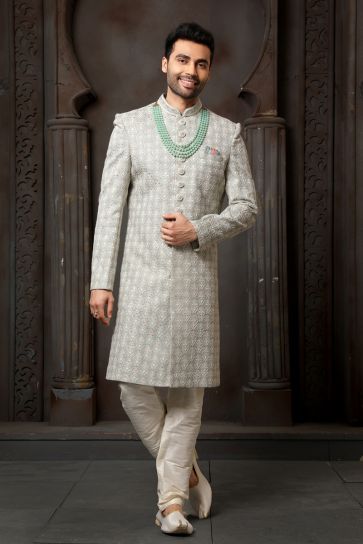 Heavy Embroidered Silk Fabric Wedding Wear Designer Readymade Groom Sherwani For Men In Grey Color