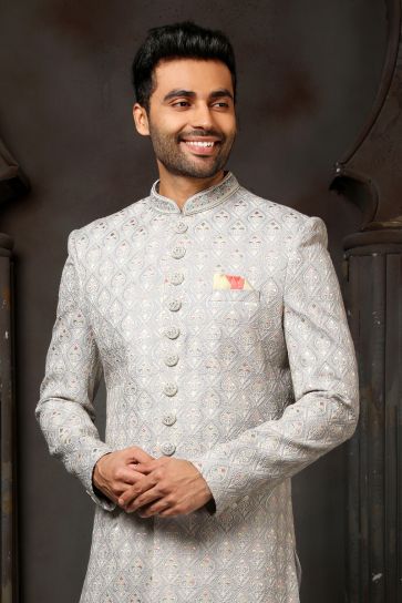 Grey Color Silk Fabric Wedding Wear Readymade Groom Sherwani For Men