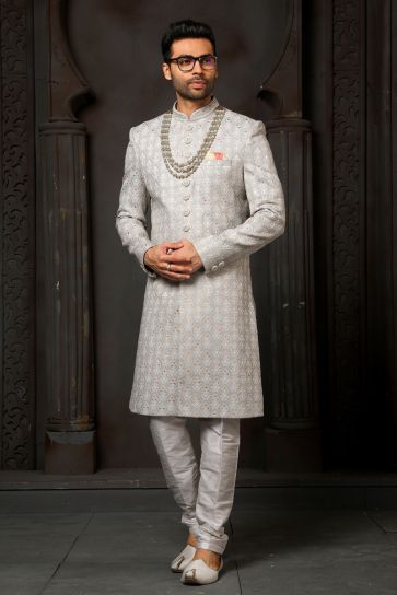 Grey Color Silk Fabric Wedding Wear Readymade Groom Sherwani For Men