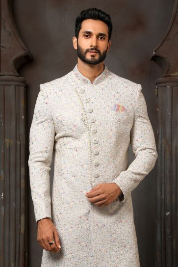 Silk Fabric Off White Color Wedding Wear Readymade Men Stylish Groom Sherwani