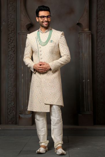 Beige Silk Fabric Wedding Wear Trendy Readymade Groom Sherwani For Men
