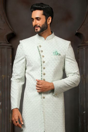 Georgette Stunning Sea Green Color Wedding Wear Readymade Men Groom Sherwani