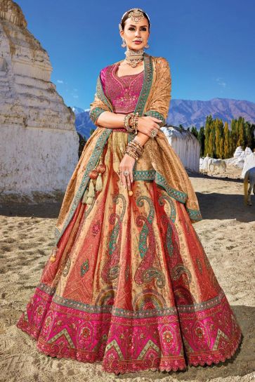 Embroidered Bridal Lehenga Choli In Multi Color Banarasi Silk Fabric