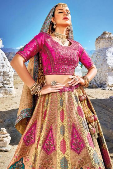 Banarasi Silk Fabric Bridal Lehenga Choli With Embroidery Work In Multi Color