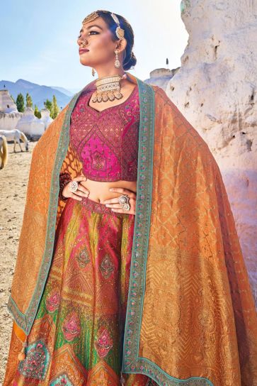Embroidery Work Bridal Lehenga In Multi Color Banarasi Silk Fabric With Blouse