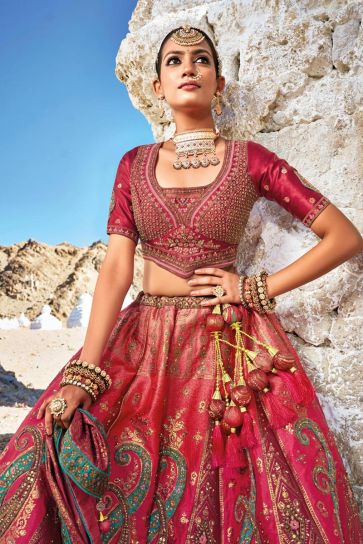 Embroidery Work Banarasi Silk Fabric Designer Bridal Lehenga In Multi Color With Blouse