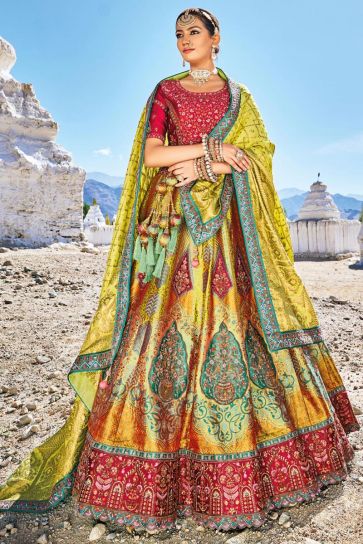 Embroidered Multi Color Bridal Lehenga In Banarasi Silk Fabric With Designer Choli