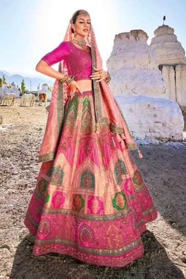 Banarasi Silk Fabric Bridal 3 Piece Lehenga Choli In Multi Color With Embroidery Work