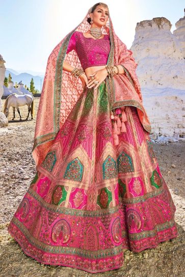 Banarasi Silk Fabric Bridal 3 Piece Lehenga Choli In Multi Color With Embroidery Work