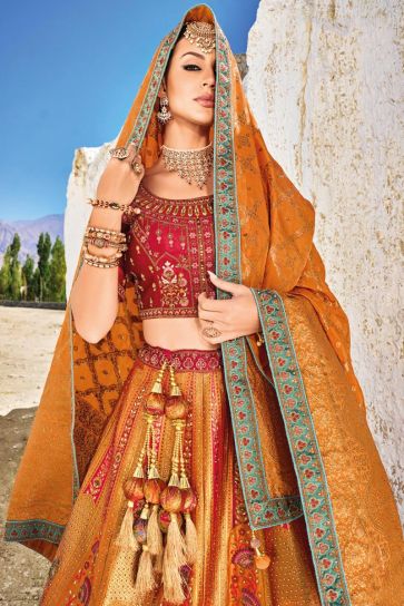 Multi Color Banarasi Silk Fabric Bridal Lehenga Choli With Embroidery Work