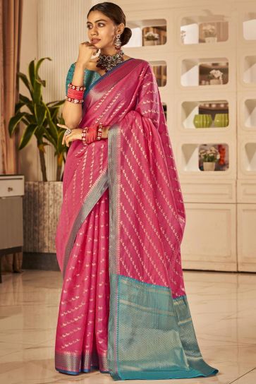 Art Silk Color Rani Fabric Weaving Work Function Wear Saree With Contrast Blouse