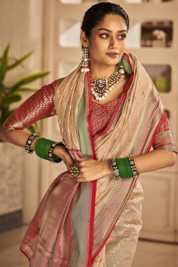 Beige Fabric Weaving Work Art Silk Color Festive Wear Saree With Contrast Blouse