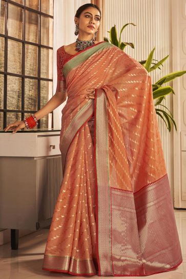 Weaving Work Art Silk Color Orange Fabric Saree With Contrast Blouse