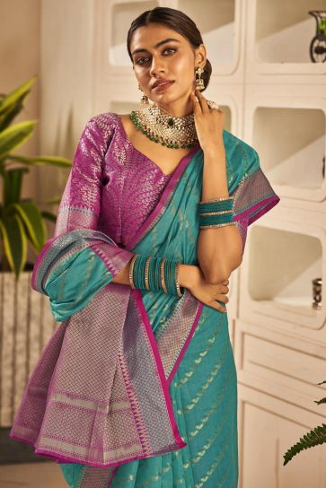 Art Silk Color Cyan Fabric Weaving Work Saree With Contrast Blouse