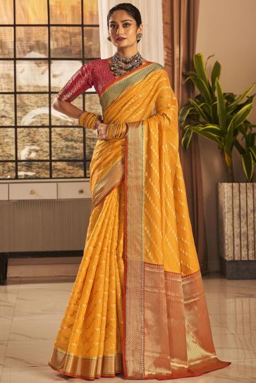 Yellow Fabric Weaving Work Art Silk Color Saree With Contrast Blouse