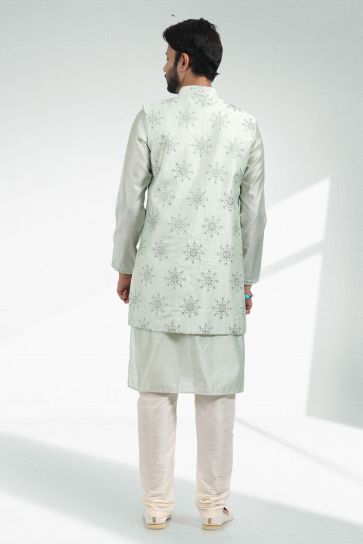 Stunning Sea Green Color Function Wear Readymade Men Kurta Pyjama With Jacket