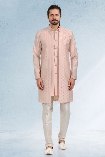 Peach Art Silk Festive Wear Readymade Lovely Kurta Pyjama For Men With Jacket