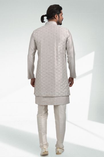 Gorgeous Grey Color Art Silk Fabric Function Wear Readymade Kurta Pyjama For Men With 3 Pcs Jacket Set