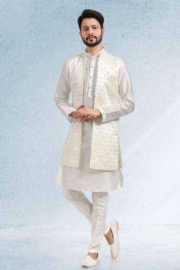 Art Silk Fabric White Color Festive Wear Readymade Stunning Kurta Pyjama For Men With 3 Pcs Jacket Set