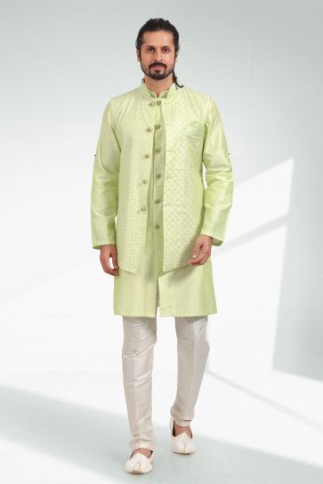 Green Color Sangeet Wear Readymade Lovely Art Silk Fabric Kurta Pyjama For Men With 3 Pcs Jacket Set