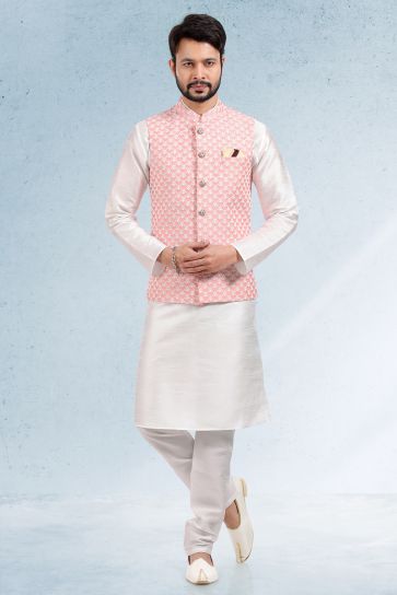 Art Silk Fabric Wedding Wear Readymade Pretty White Color Kurta Pyjama For Men With 3 Pcs Jacket Set