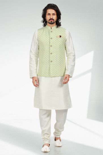 Reception Wear Readymade White Color Art Silk Fabric Beautiful Kurta Pyjama For Men With 3 Pcs Jacket Set